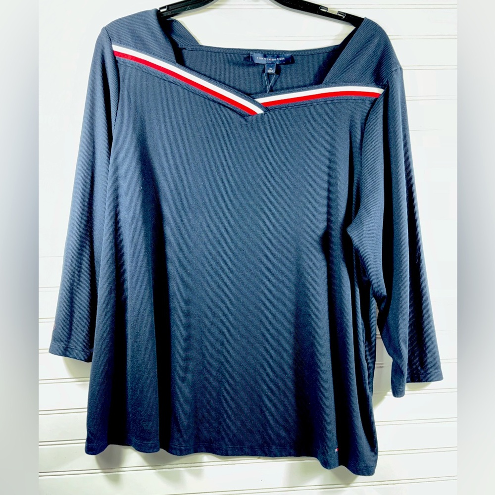 Tommy Hilfiger Long Sleeve Women's Ribbed Navy Top with Red and White Accents 3X